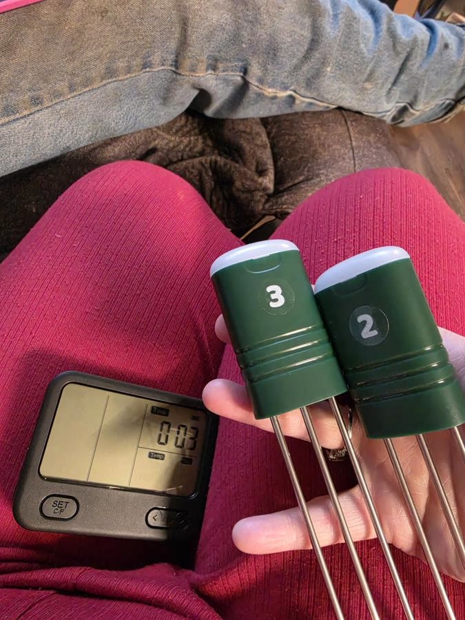 Customer holding the VODESON display and two soil sensors after setup