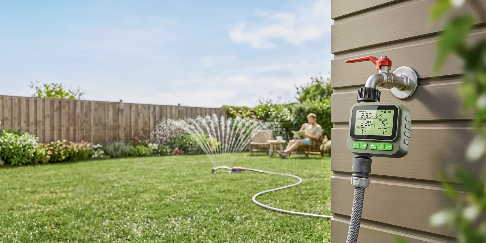 VODESON single-valve watering timer in a garden watering setup