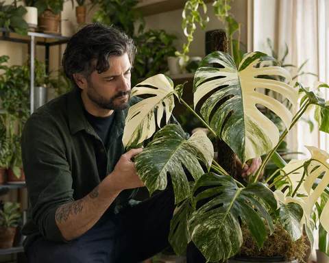Plant collector carefully examining a mature rare variegated houseplant