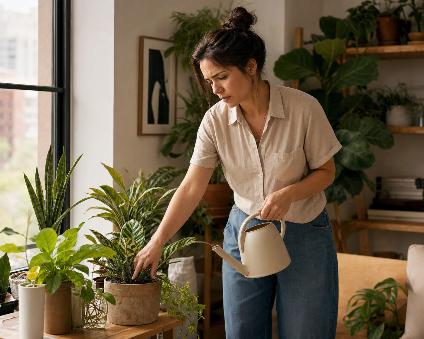 Plant owner checking potting soil before watering a group of houseplants