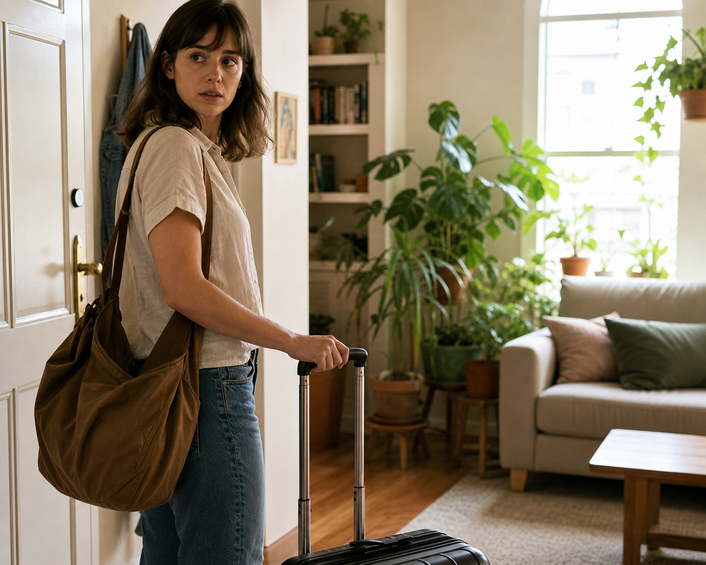 Traveler checking houseplants before leaving home