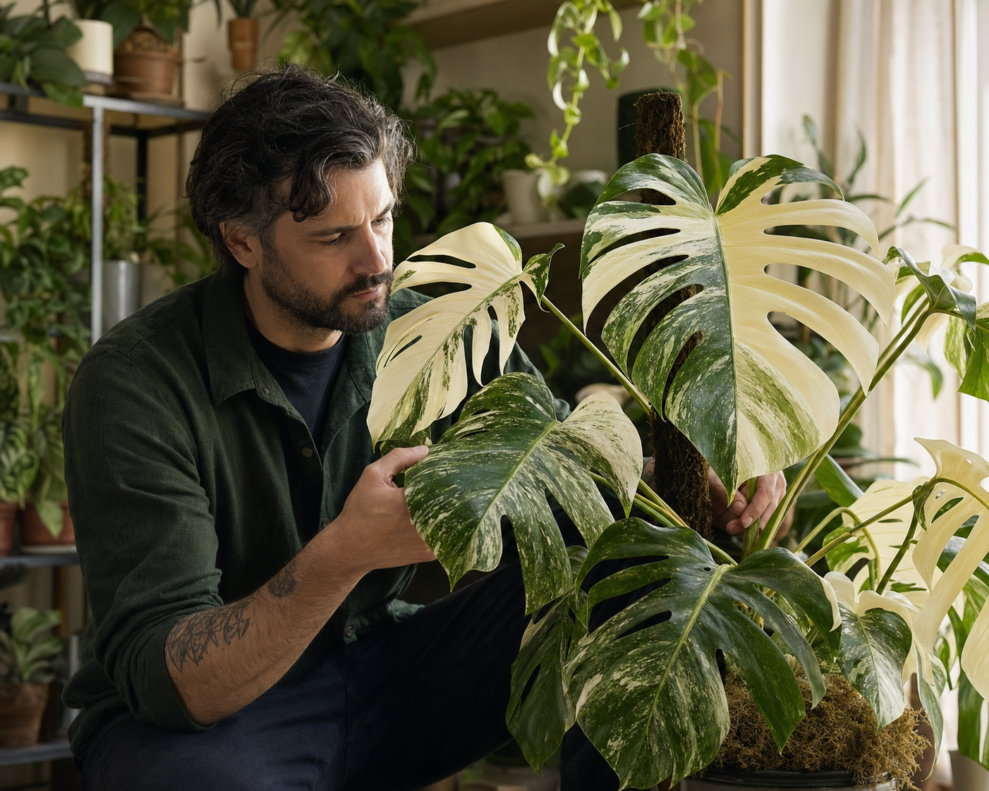 Plant collector carefully examining a mature rare variegated houseplant