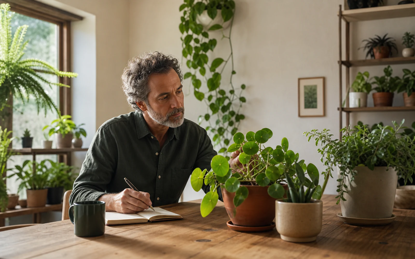 Plant owner observing and recording plant conditions