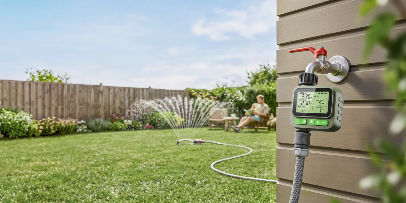 VODESON automatic irrigation timer watering a garden lawn