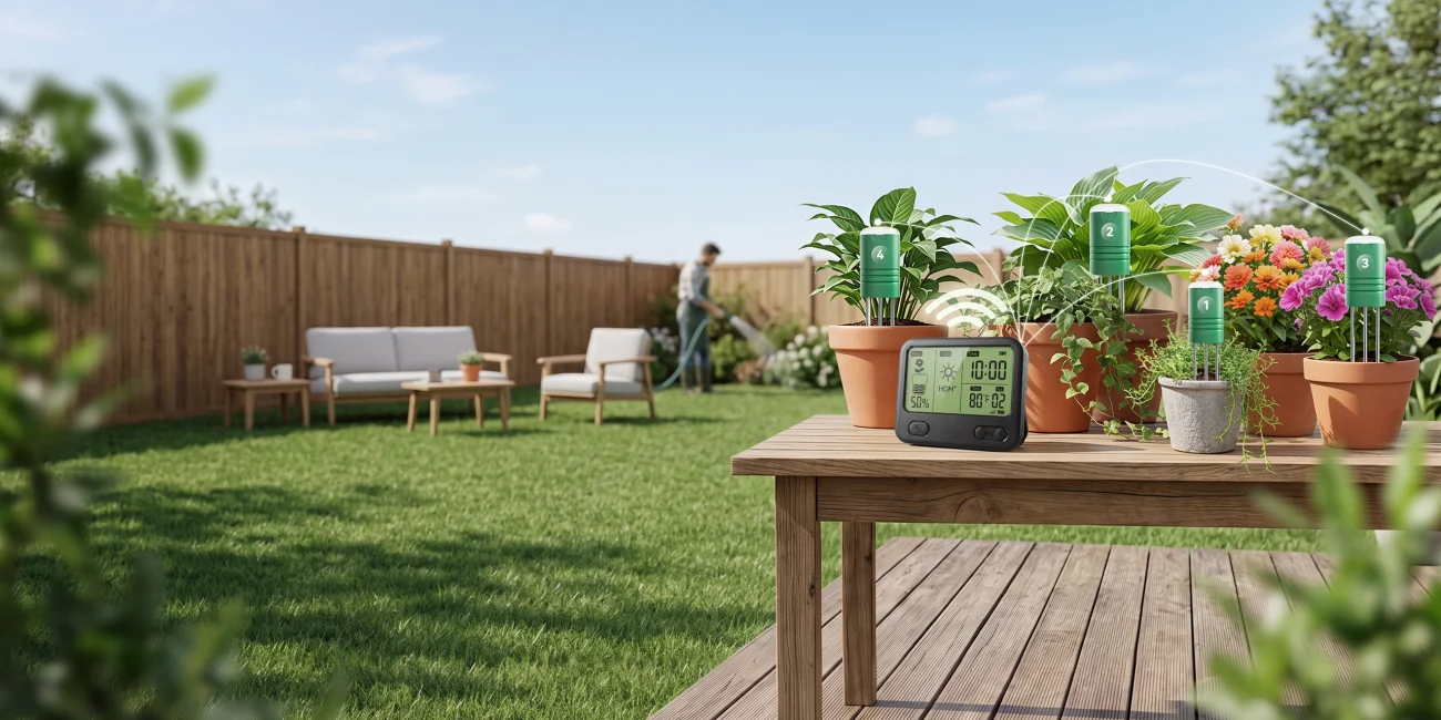 VODESON soil monitoring system measuring several garden plants