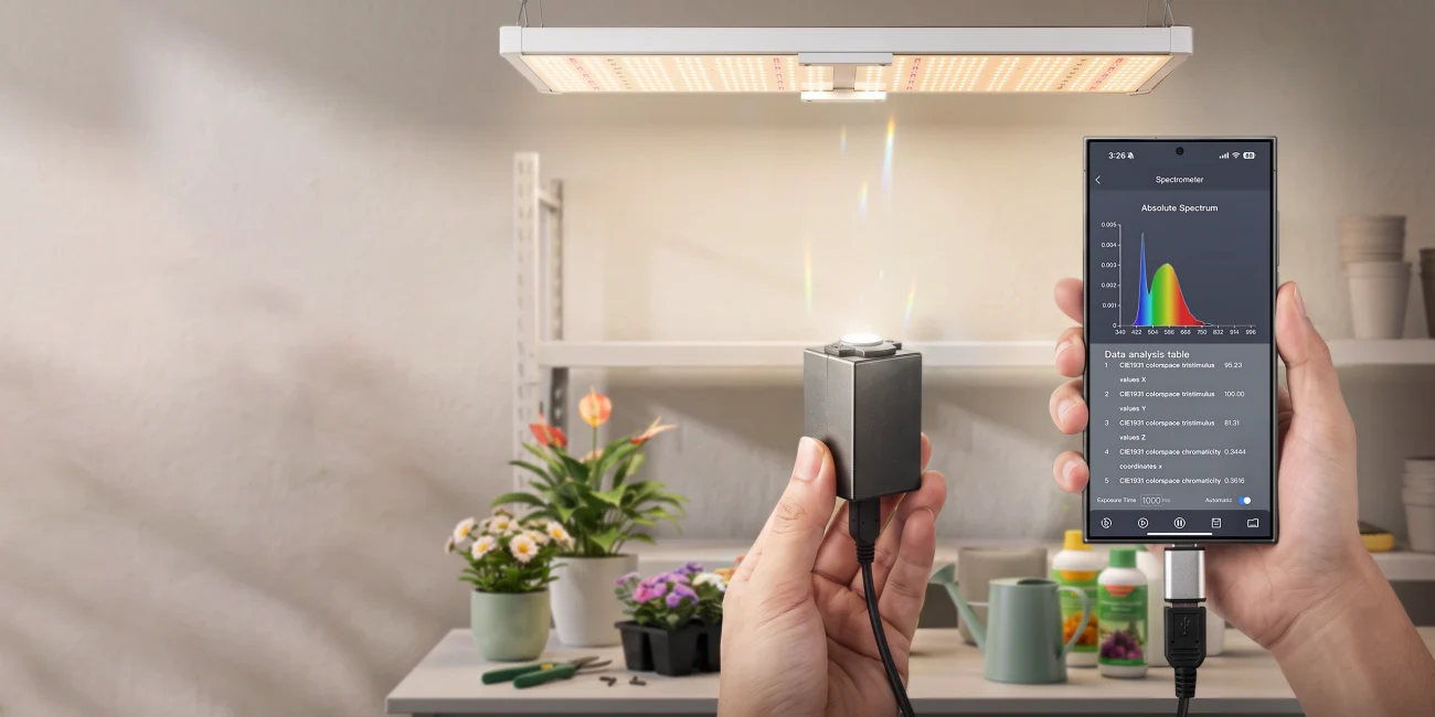 VODESON micro spectrometer measuring a plant grow light spectrum
