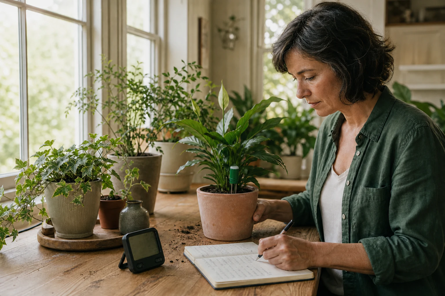 A plant owner comparing a soil reading with handwritten plant-care notes