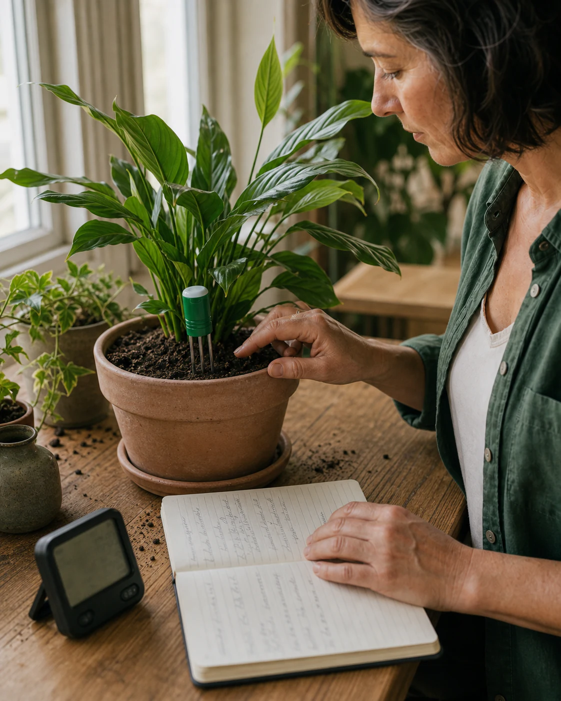 A close observation of soil condition beside a notebook and soil sensor