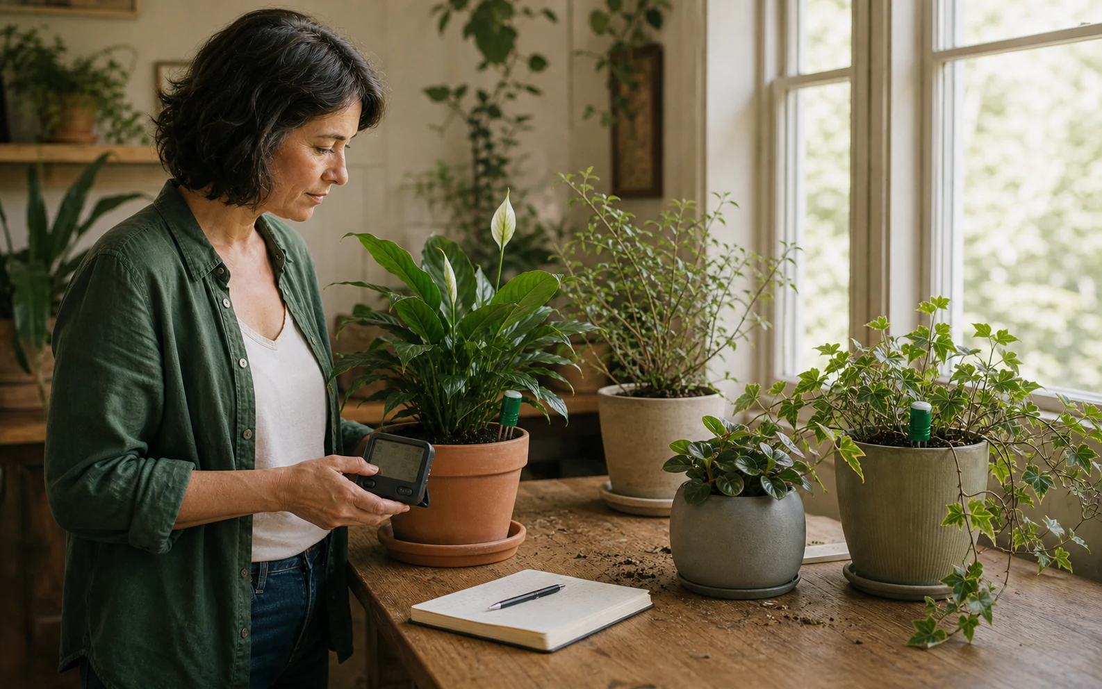 A plant owner comparing several pots with two soil sensors and one display